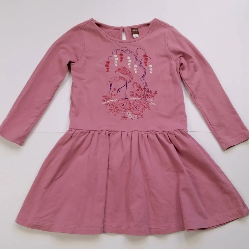 TEA COLLECTION whooping crane dusty rose long sleeve dress Girls Sz 2 Mauve Pink